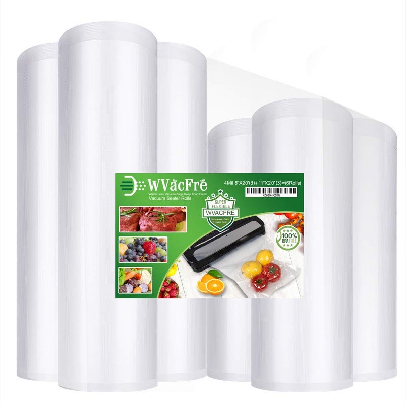 WVacFre 6 Pack 8"x20'(3Rolls) and 11"x20'(3Rolls) Vacuum Sealer Bags Rolls with Commercial Grade,BPA Free,Heavy Duty,Great for Food Vac Storage or Sous Vide Cooking - Image 1